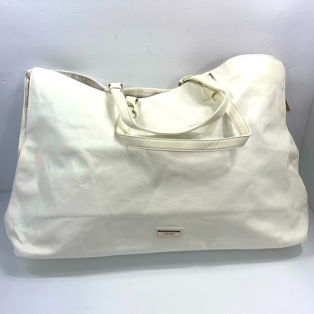 ⭐️VERSACE PERFUME💯VINTAGE“SUMMER BAG”TOTE BAG, CREAM COLOR WITH GOLD HARDWARES